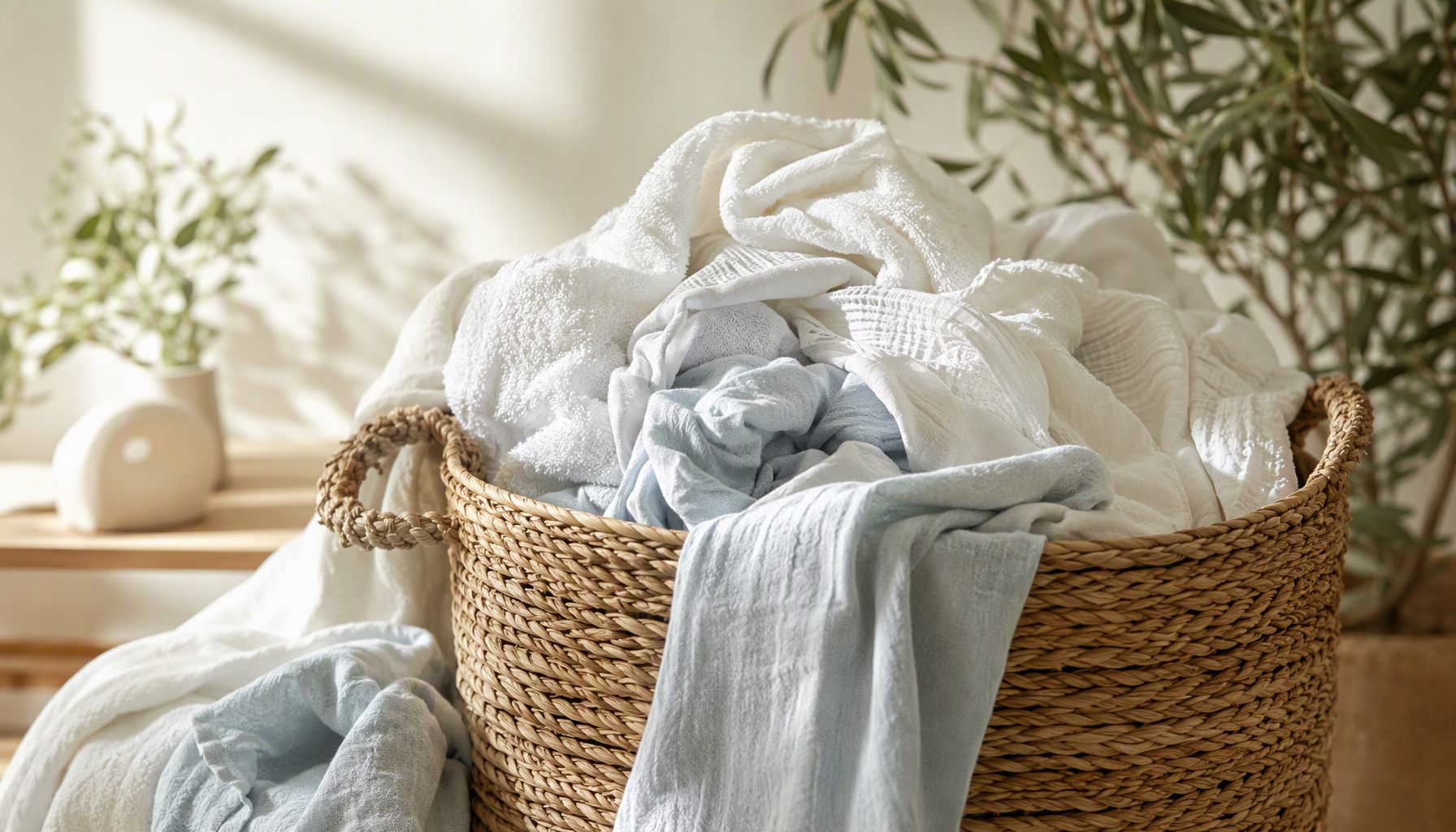 Woven basket overflowing with freshly washed white and pale-blue clothes