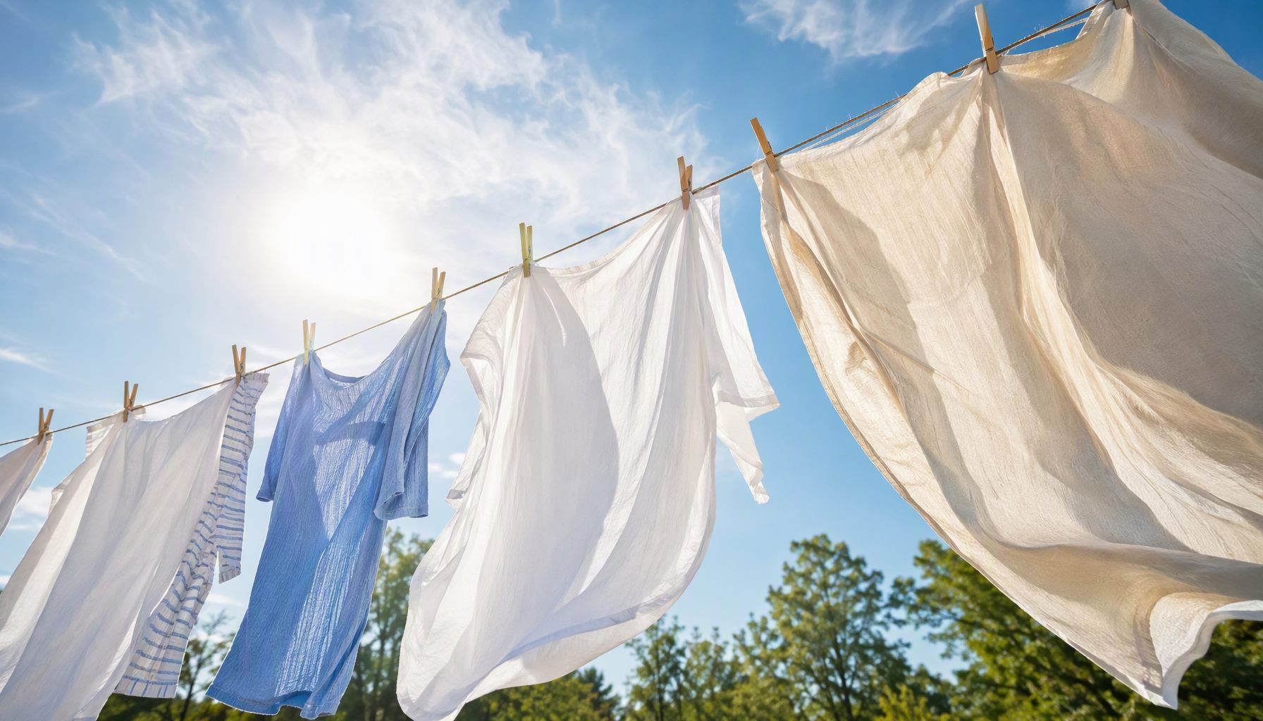 Freshly washed clothes hanging on a line in sunlight