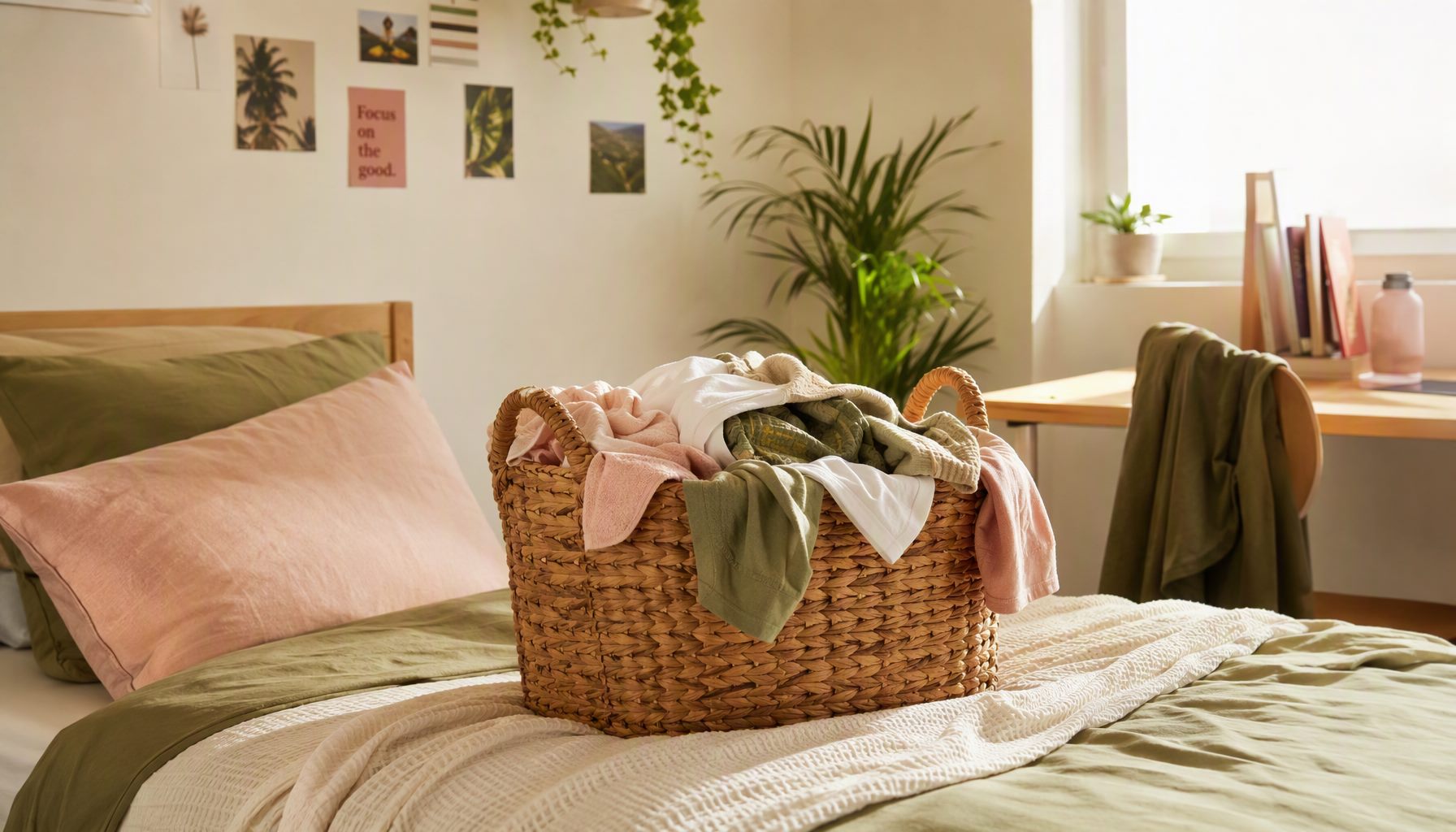 Basket of freshly washed laundry resting on a fresh student bed