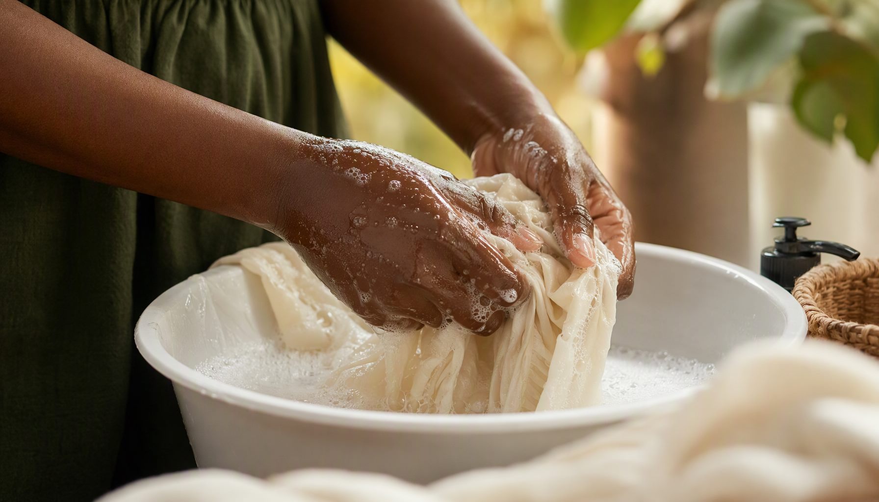 Hands gently hand-washing delicate fabric in a basin