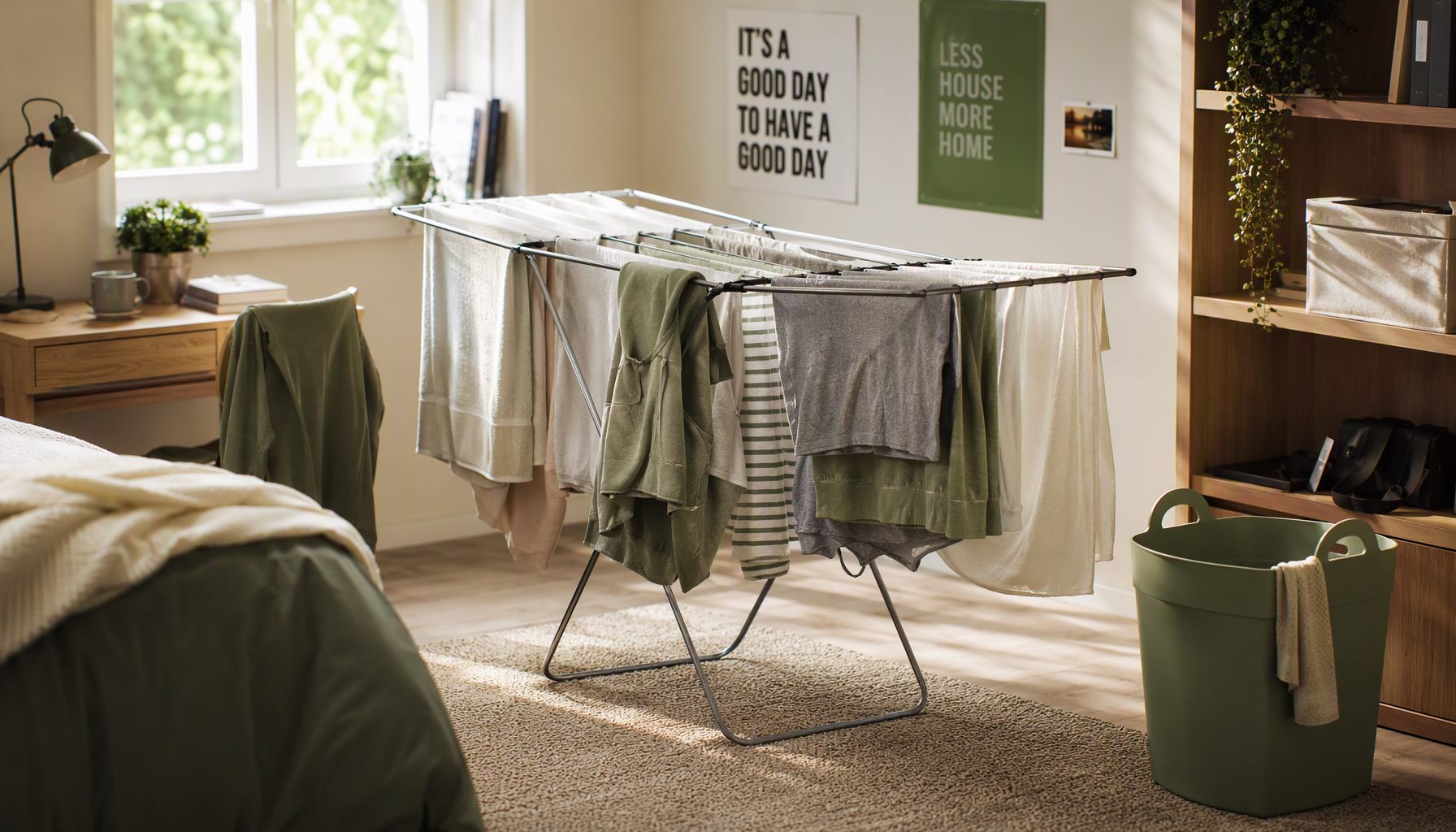 Freshly washed clothes hanging on an indoor drying rack in a bright room